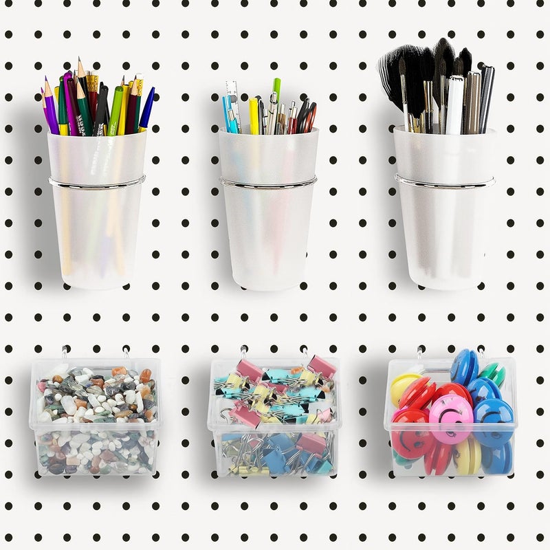 Kuhome 6 Sets Pegboard Bins and Cups with Pegboard Hooks, Pegboard Accessories Baskets, Hooks for Pegboard Cup Holder for Organizing Craft Tools Storage Garage Office Workbench Transparent - Image 1
